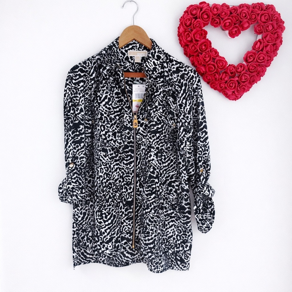 Michael Mk Women Black White Animal Print Blouse Zip Front Petite Medium